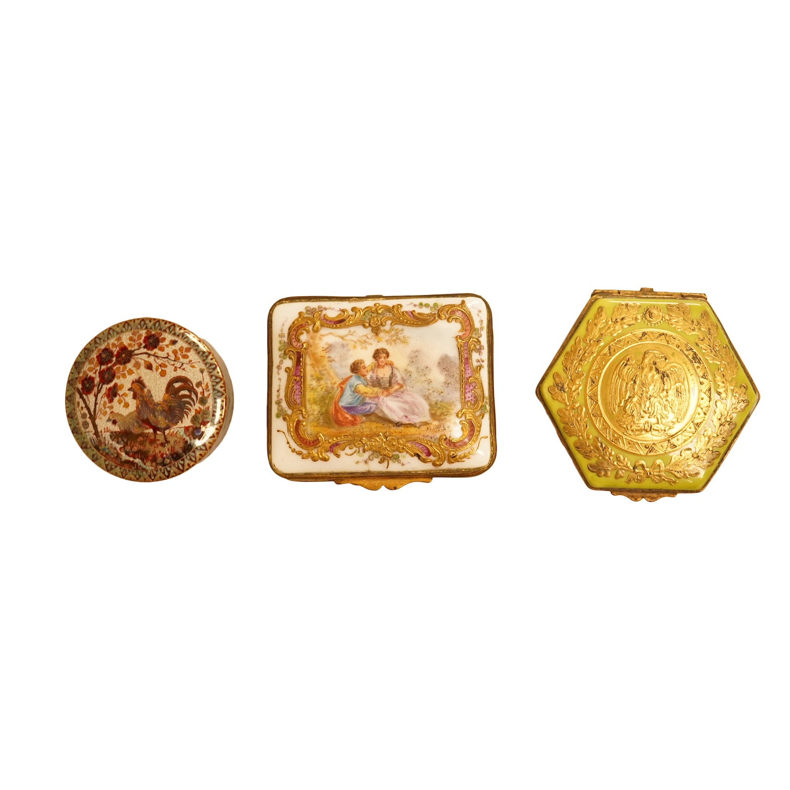 A Zsolnay lustre 'chicken' box and cover and two Sevres style porcelain boxes and covers (3) ‘chicken box’ 5cm diameter.